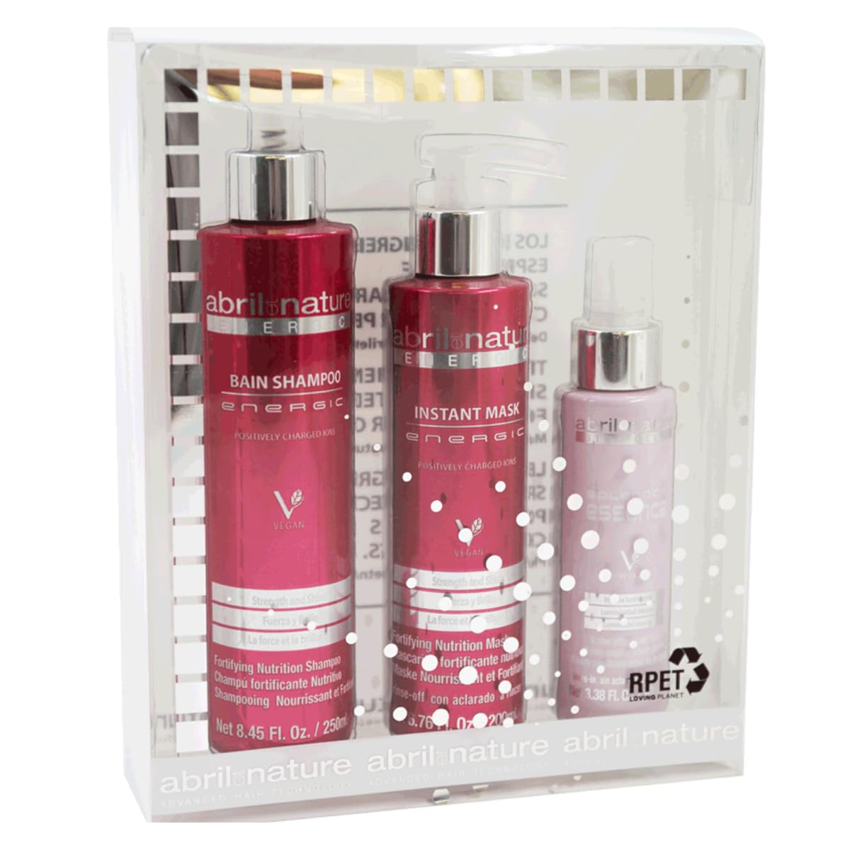 abril et nature - Energic Hair Care Set - Anti-Frizz - Shampoo, Mask, and Serum Pack for Hair in Need of Hydration - Detangles, Rehydrates, and Repairs - 550 ml