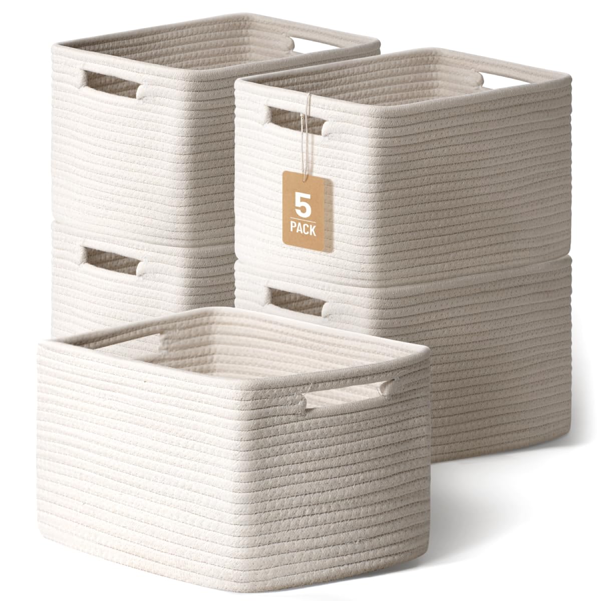 Photo 1 of 5 Pack White Woven Storage Baskets for Shelves, Decorative Basket Organizer Storage Bins for Toys, Books, Clothes, Closet, Nursery, Bathroom – Cotton Rope Shelf Baskets for Organizing and Decor