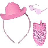 Yuunheg Pink Cowgirl Hat Cowgirl Accessories for Women, Cowboy Hat Headband with Heart Shaped Glasses and Bandana Scarf set, Birthday Party Costume Set for Cosplay Theme Music Festival Western Style