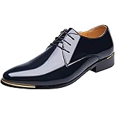 Dress Shoes Men Classic Pointed-Toe Patent Leather Lace-up Formal Oxford Shoes Black Brown Red Grey