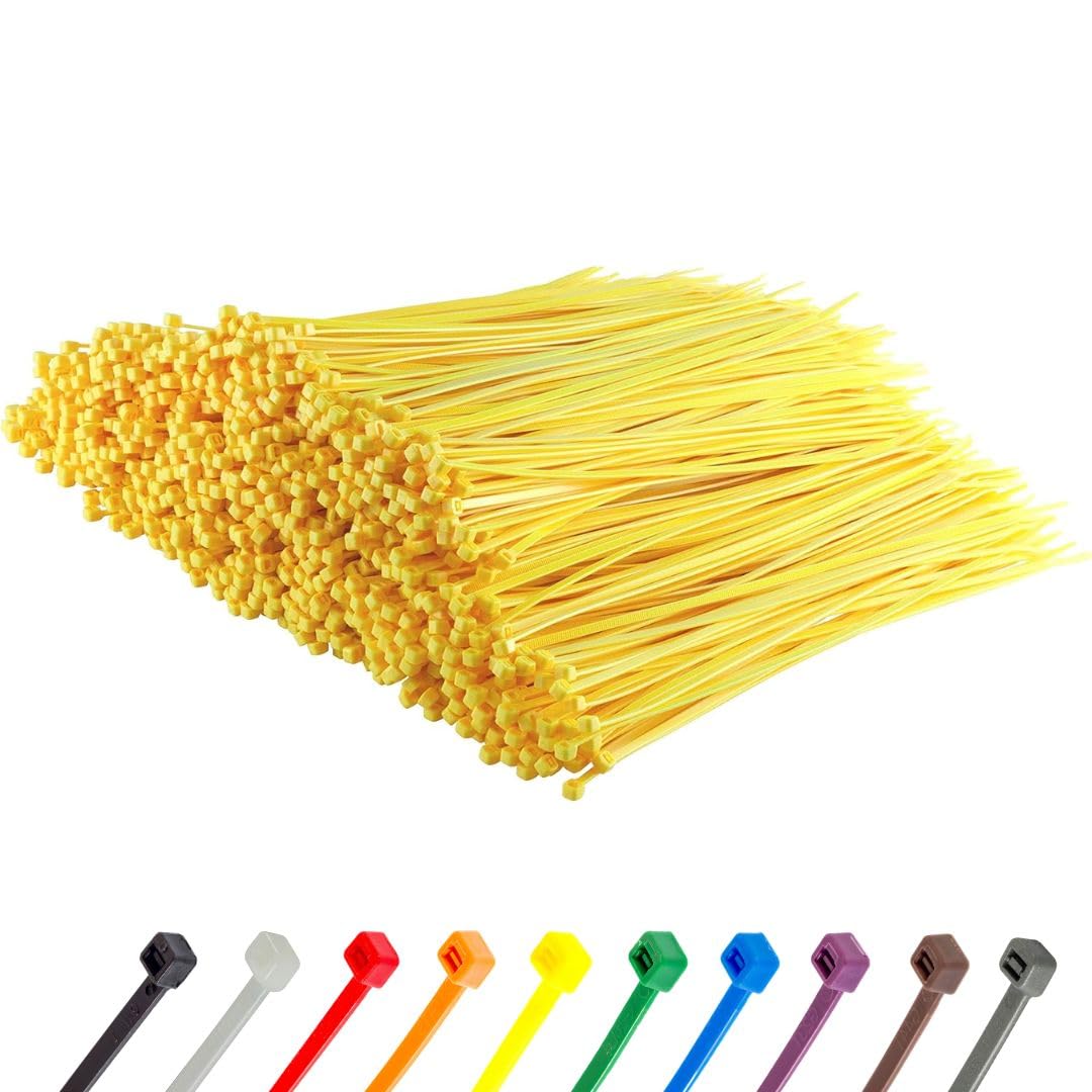 Gocableties Yellow Cable Ties, 200mm x 4.8mm, Bulk Pack of 1000, 8” Premium Nylon Zip Ties, Multi-Purpose Plastic Tie Wraps, Secure Self-Locking Mechanism, for Home, Garden, Office and DIY