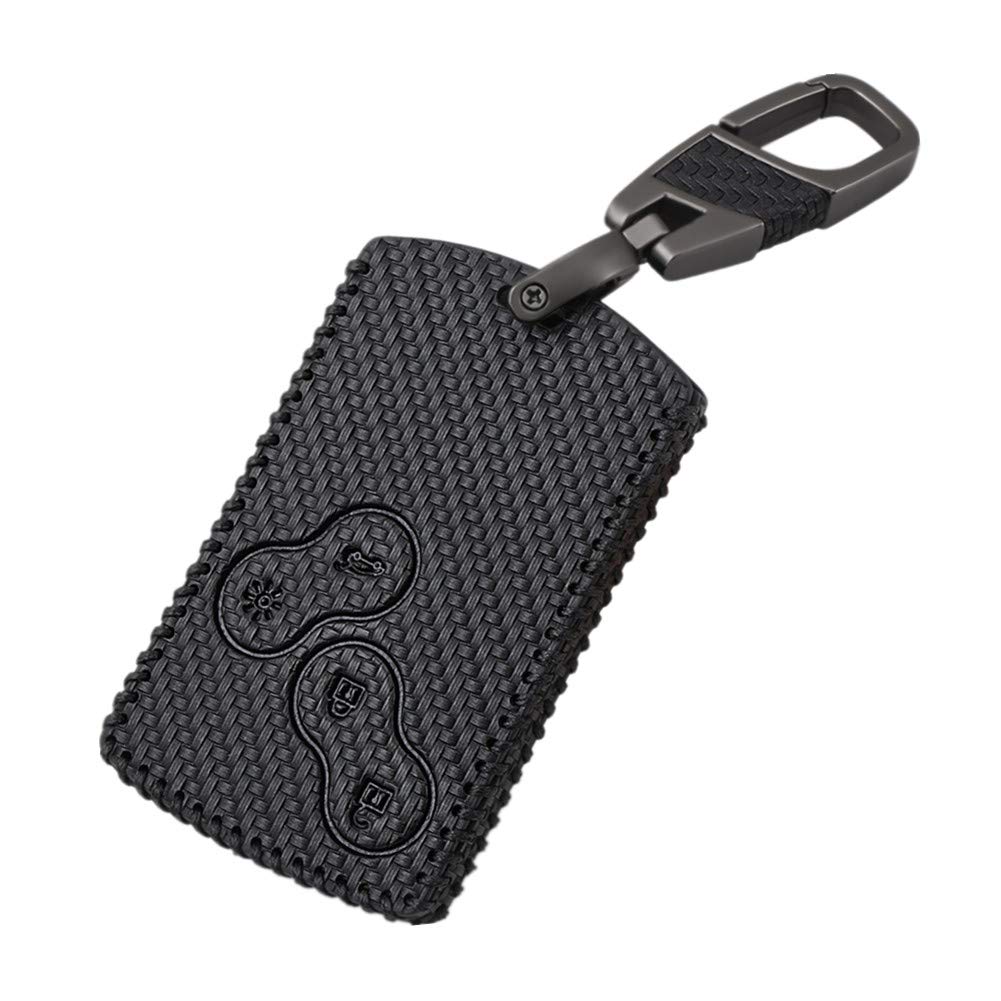 Happyit Carbon Fiber Style Leather Car Key Cover Cases keychain for Renault Clio Scenic Megane Duster Sandero Captur Twingo koleos 4 Buttons (Black line)