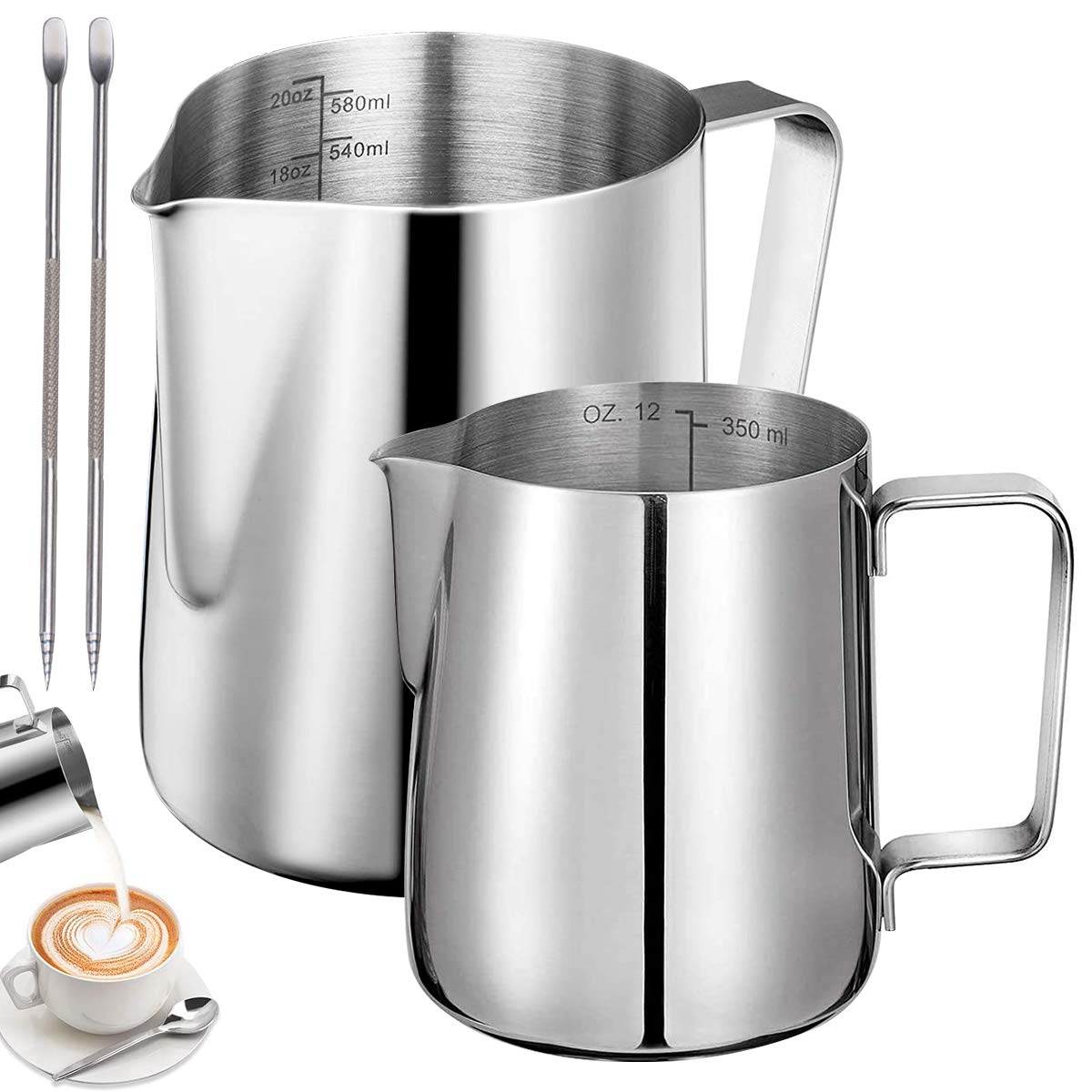 Stainless Steel Milk Jug,Tianher 2 Pcs Milk Frothing Pitcher（350ml+600ml） with 2 Pcs Measurement and Latte Decorating Art Pen for Barista Making Coffee Cappuccino and Espresso (Silvery)