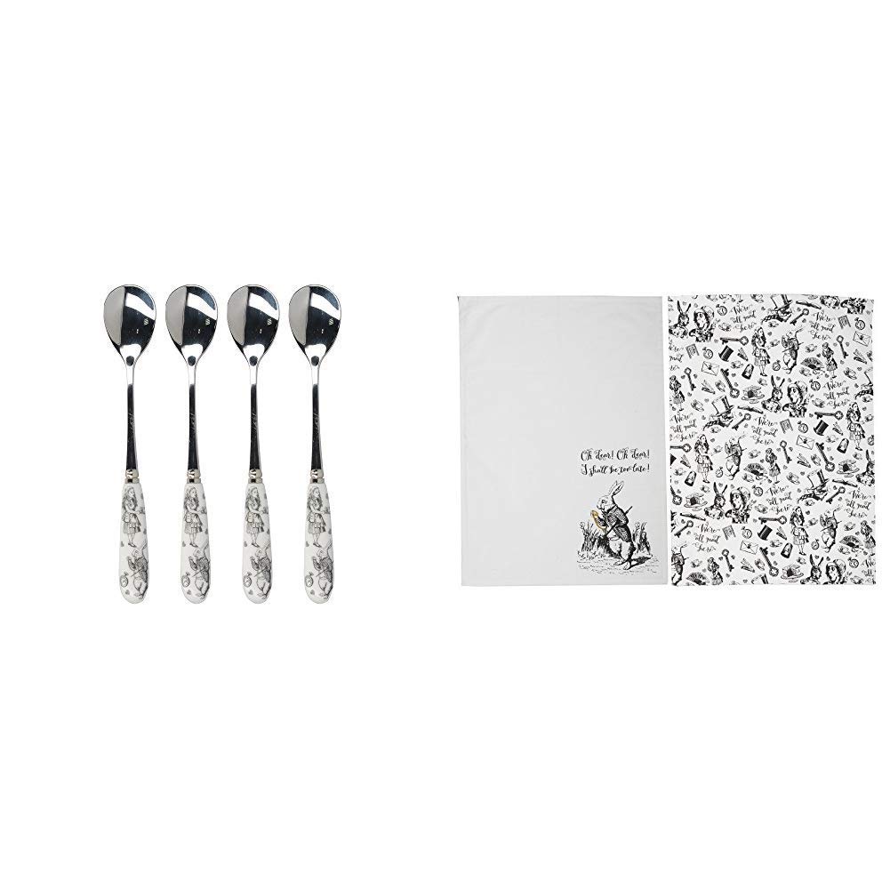 Creative Tops V&A Alice in Wonderland Stainless Steel Teaspoons with Decorative Porcelain Handles, 15.5 cm (6") - White & Set of 2 “Alice in Wonderland” Tea Towels, 70 x 50 cm (27½" x 20")