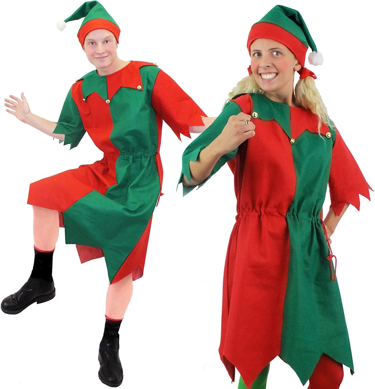 Adults Elf Costume - Large - Green And Red Elf Tunic + Matching Hat With Bobble - Unisex Christmas Fancy Dress Costume - Santa's Little Helper