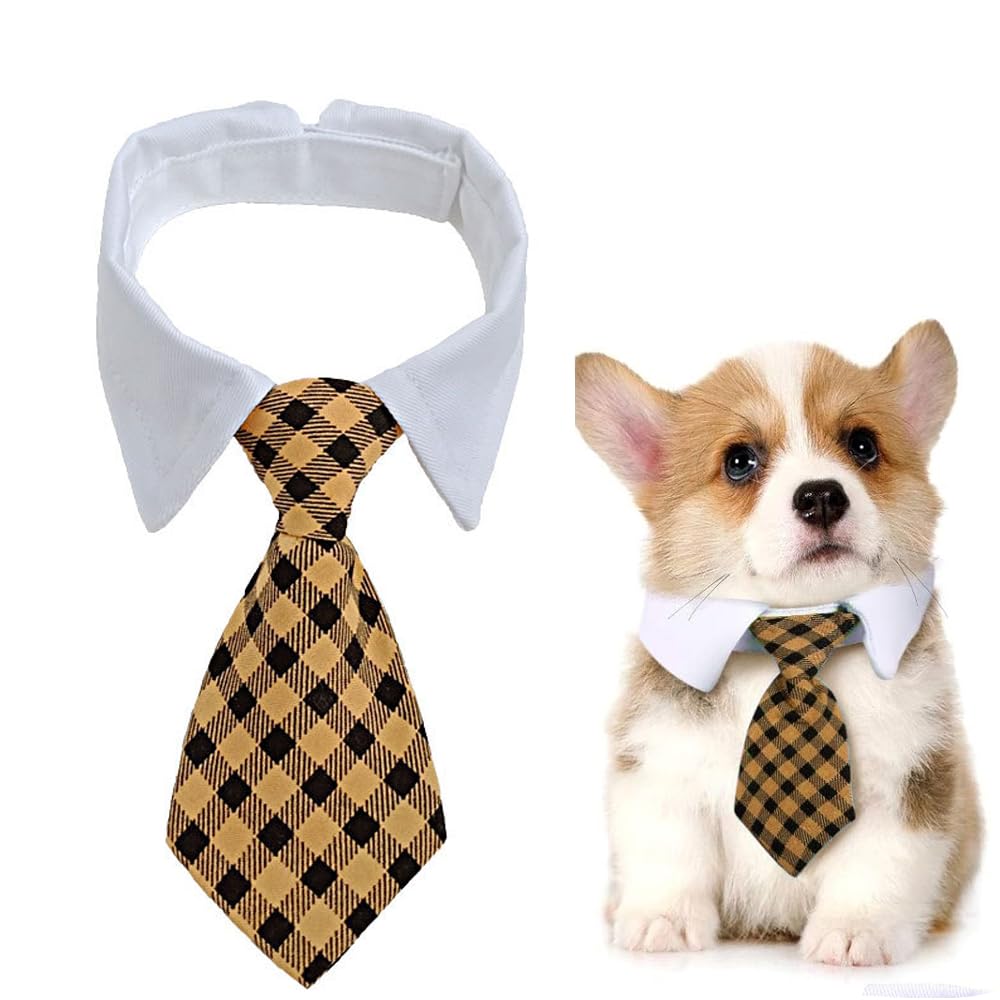 Voarge Dog Tie, Adjustable Dog Collar with Velcro Fastening, Pets Wedding Bow Tie, Formal Puppy Bow Tie, Tuxedo Collar Costume Tie (Yellow Chequered, L)