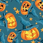 Halloween Fabric Smiling Pumpkins Jack o Lantern on Blue by The Yard