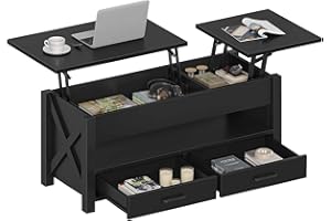 Seventable Coffee Table, 47.2" Lift Top Coffee Table with 2 Storage Drawers and Hidden Compartment, X Wood Farmhouse Support, Retro Center Table with Lift Tabletop for Living Room,Black