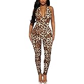 Women's Halter Bodycon Black Jumpsuits - One Piece Backless Leopard Summer Casual Workout Club Pants Rompers Outfits Catsuits