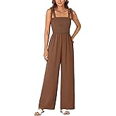Vrtige Women's Casual Jumpsuits Overalls One Piece Sleeveless Smocked Wide Leg Long Pant Rompers with Pockets