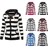 Womens Striped Zip Up Hoodie Spring Long Sleeve Jacket Casual Slim Fit Lounge Sweatshirts Outdoor Tops with Pockets