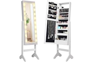 Giantex Standing Jewelry Armoire with 18 LED Lights Around the Door, Large Storage Mirrored Jewelry Cabinet with Full Length 