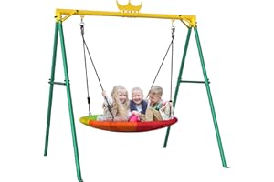 Yohood Swing Sets for Backyard, 440lbs Outdoor Swing Set with 39.4'' Saucer Swing Ideal for Multiple Kids, Heavy-Duty A-Frame Metal Swing Frame for Playground/Park/Backyard (Green)