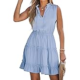 CUPSHE Women's Tiered Ruffled Tie Neck Mini Dress Summer Dress Sleeveless A Line Dress Blue