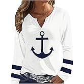 WDIRARA Women's Anchor Graphic T Shirts Striped Notched Neck Long Sleeve Tee Tops