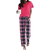 Ekouaer Pajama Sets for Women Round Neck Pjs Short Sleeve Sleepwear with Long Pants Loose Lounge Sets