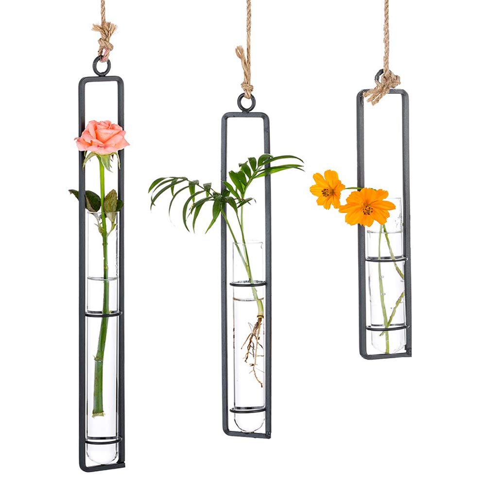 Sziqiqi Set of 3 Hanging Planter Terrarium, Metal Iron Clear glass Test Tube Flower Vases Holder, Wall Hydroponic Plants decor, Decoration for Living Room Bathroom Bedroom Kitchen, S + M + L