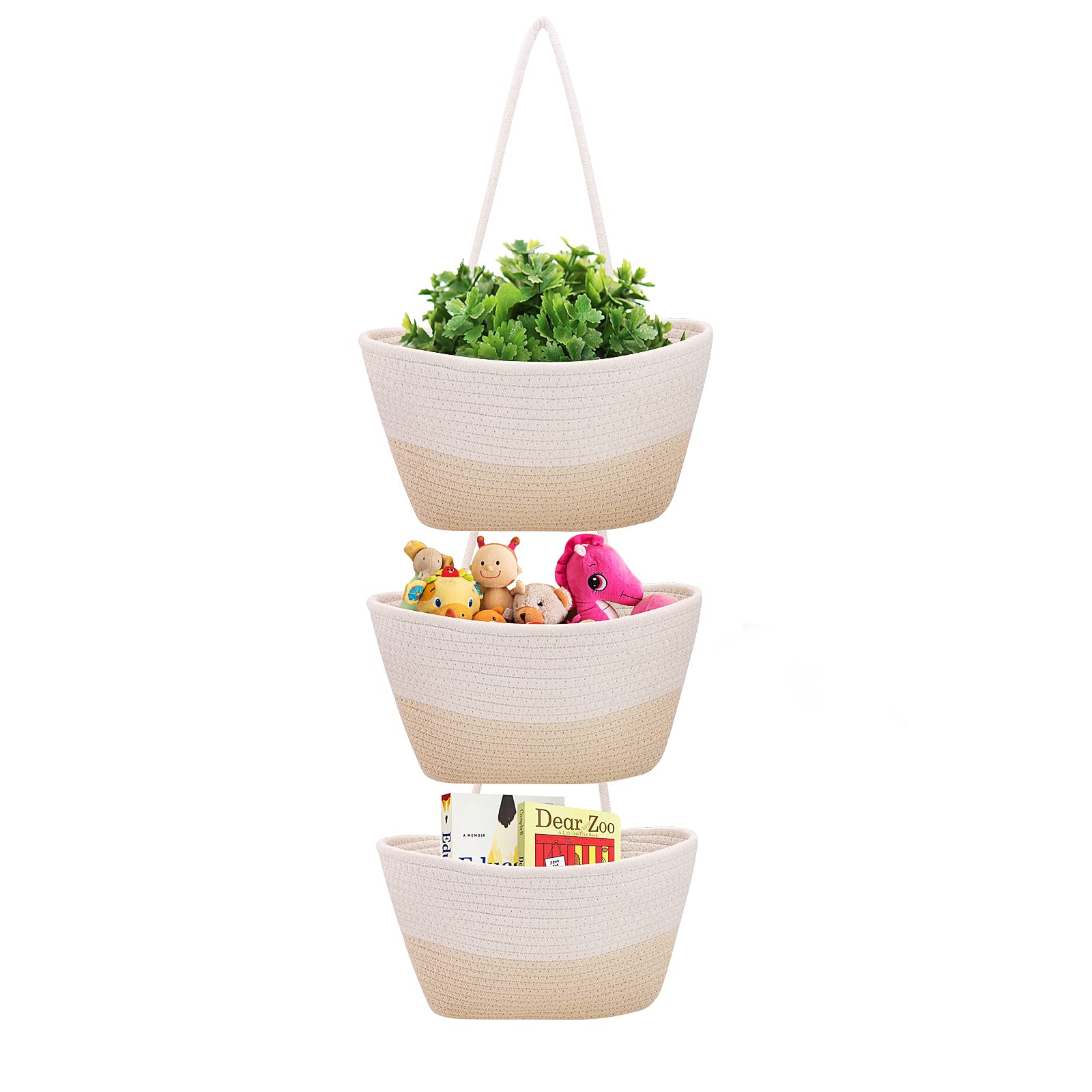 Over the Door Hanging Basket, 3-Tier Cotton Rope Wall Mount Hanging Baskets for Organizing and Storage, Decorative Hanging Storage Basket for Bedroom, Bathroom and Living Room (White and Jute)