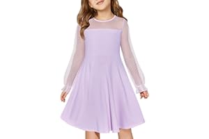 Haloumoning Girls Contrast Mesh Long Sleeve High Waist A Line Short Dress with Pockets