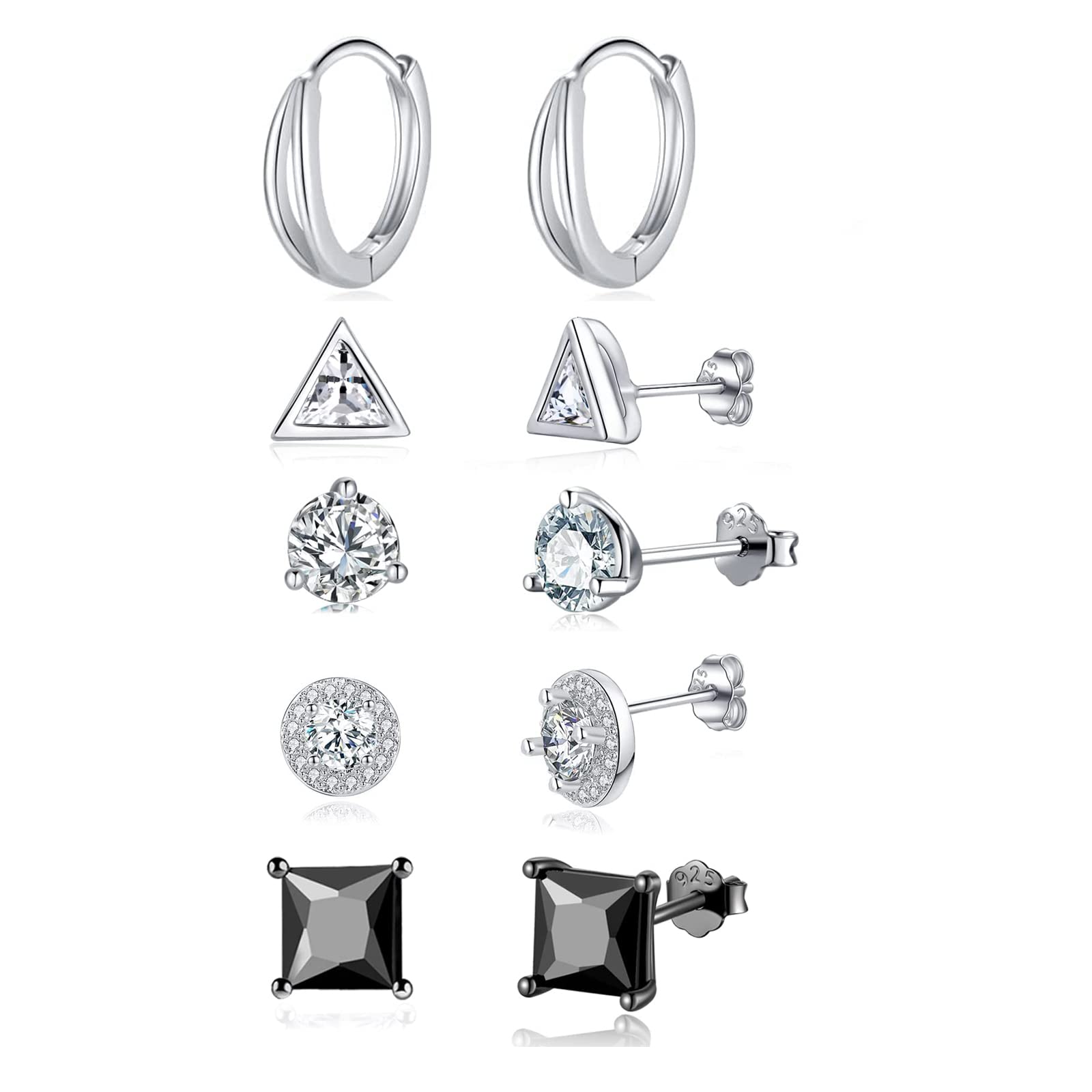 5 Pairs Stud Hoop Earrings for Women Girls 925 Sterling Silver Post Hoop Stud Earrings Set Small Cartilage Sleepers Earrings Cubic Zirconia Hypoallergenic Silver Earrings, Silver