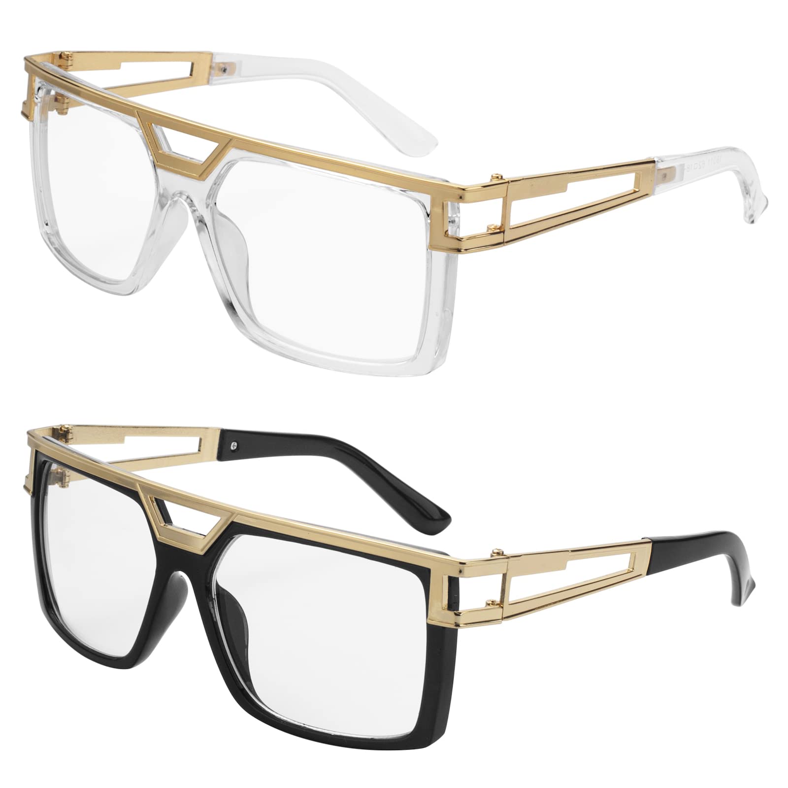 FACATH 2 Pairs 80s/90s Sunglasses Vintage DJ Rapper Hip Hop Glasses, Classic Oversized Hippie Glasses for 80s 90s Hip Hop Costume, Square Retro Gold Frame