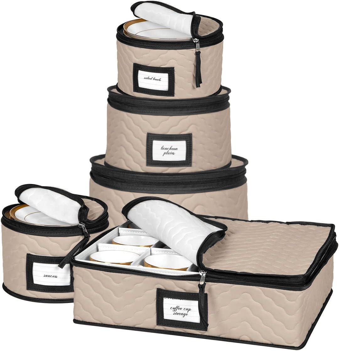 China Storage Containers 5-Piece Set Moving Boxes for Dinnerware, Glasses, Plates, Mugs and Saucers Sturdy Quilted Microfiber Dish Organizer with Dividers for Seasonal Storage - Holds Set of 12, Brown Image