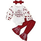 Guodeunh My First Valentines Outfits Newborn Baby Girl Outfits Puff Sleeve Love Heart Print Romper Flare Pants Headband