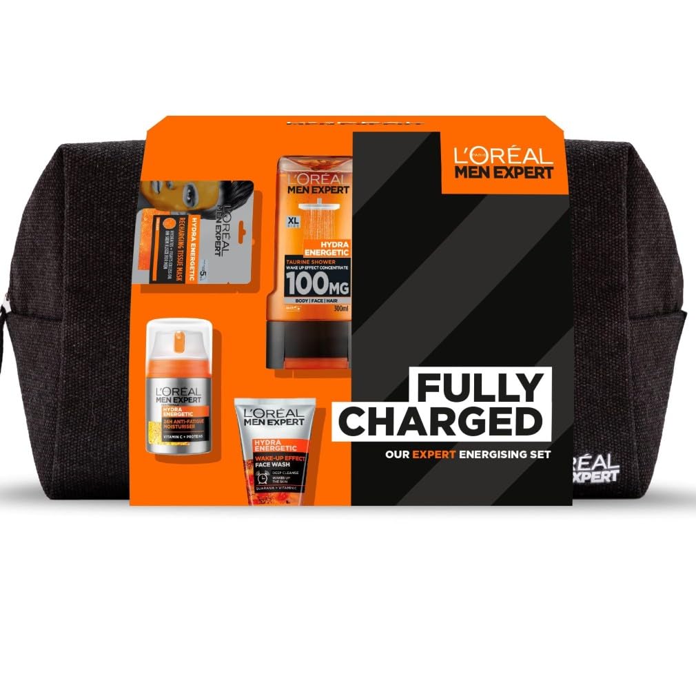 L'Oreal Men Expert Gift Set for Men, Hydra Energetic Fully Charged Washbag: Shower Gel, Moisturiser for Men, Sheet Face Mask and Face Wash — image 1