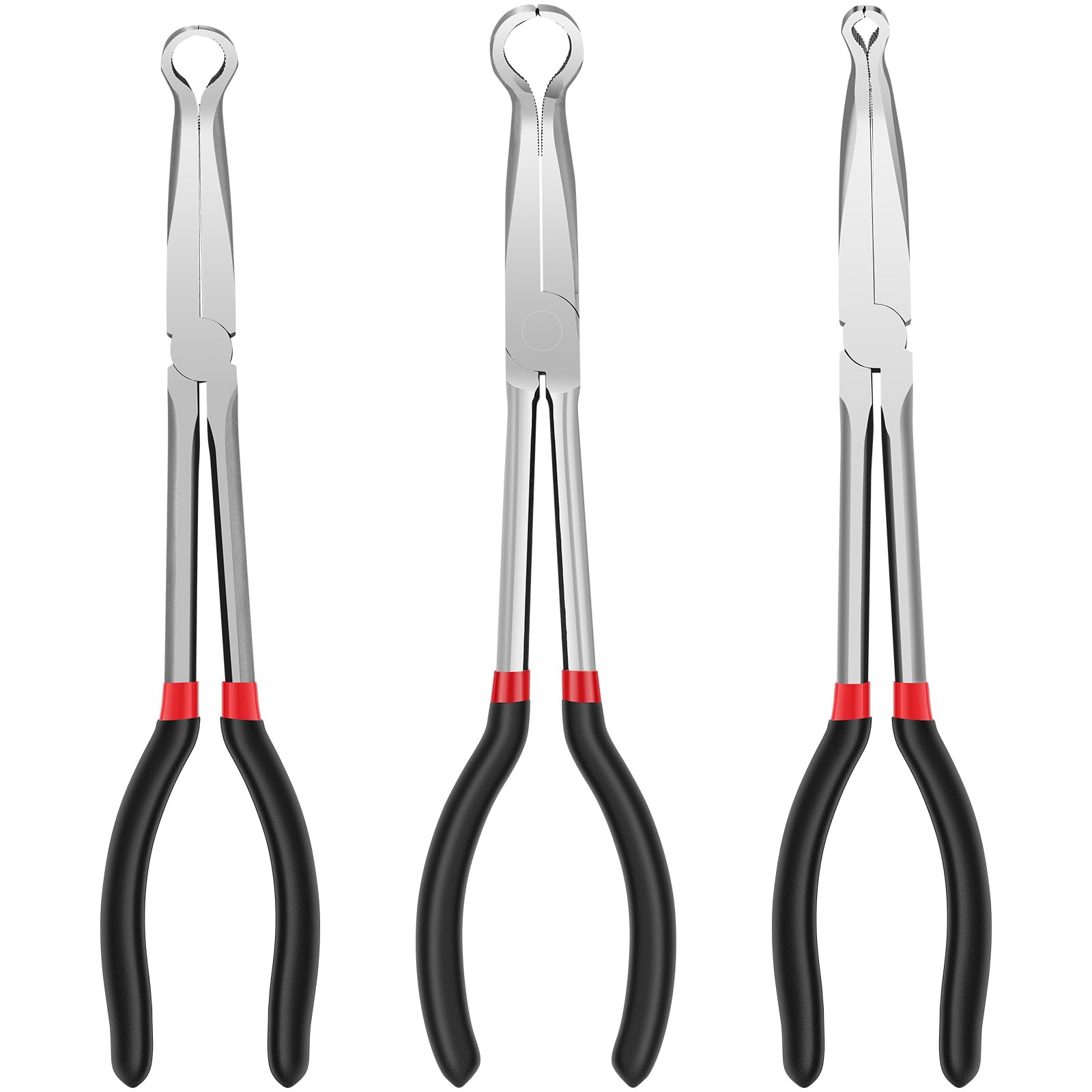 3Pcs 11inch Long Reach Hose Clamp Pliers, Carbon Steel Spark Plug Removal Pliers, Automotive Electrical Disconnect Plier, 6mm 13mm 18mm Diameter Radiator Hose Grip Plier for Narrow Space Car