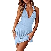 Women Sexy Halter V Neck Mini Dress Flowy Irregular Ruffle Hem Backless Summer Dress Ruched Cocktail Party Dresses