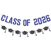 FHGG Pre Strung Graduation Decorations Class of 2026 Banner Blue Glitter College Banners Party Congrats Grad with Tassel Decor High Favors NO DIY for Supplies School Home Car Decorations