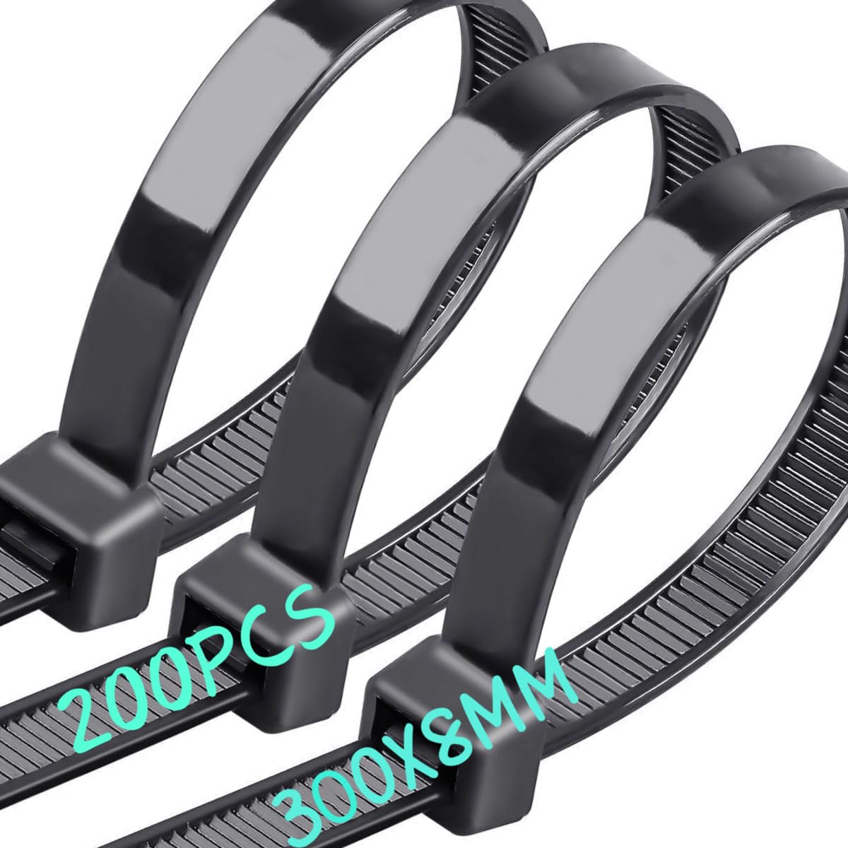 Caiery 200 Piece Large Long Cable Ties 300mm x 8mm UV Resistant Ultra Strong Cable Ties with 70kg Tensile Strength Black,0.8X12 in