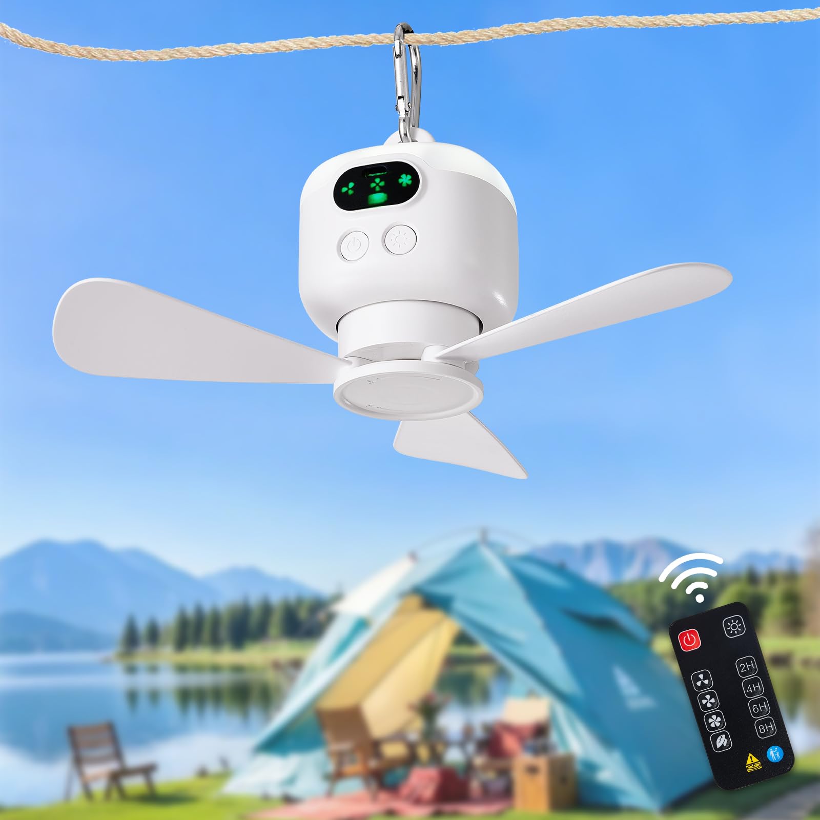 Photo 1 of DIGLED Battery Operated Ceiling Fan: 11" Portable Camping RV Tent Fan with Lights - Outdoor Hanging Rechargeable 8000mAh - Hook Type Remote Fans for Gazebo Patio Canopy Beach Dormitory Bedroom 5V/2A