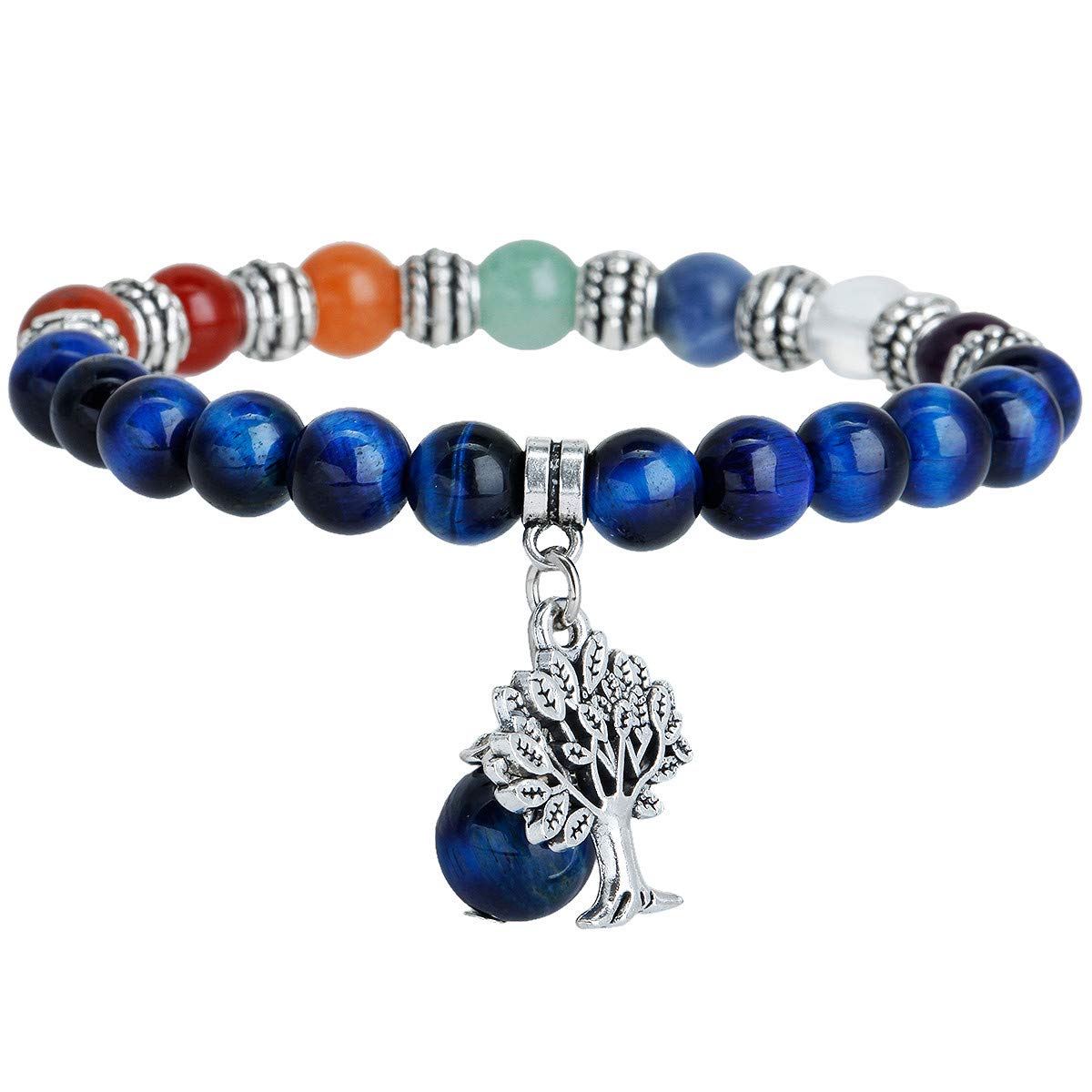 Nupuyai Gemstone Bracelet for Men and Women, Stretch 8 mm Beads Bracelets with Tree of Life Pendant for Reiki Yoga Energy Therapy 18 centimeters multicoloured