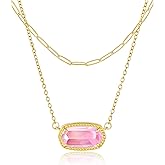 Lourny Gemstone Crystal Pendant Layered Necklace for Women Trendy, 18K Gold Plated Paperclip Chain Charm Necklaces Women Wife Jewelry