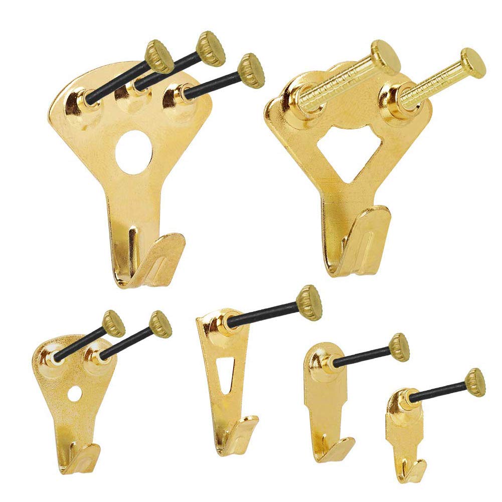 130 PCS Picture Hooks, Heavy Duty Picture Hangers, Versatile Metal Photo Frame Wall and Wood Strong Hanging Tool Kit with Nails Support 10-100 lb (Golden)