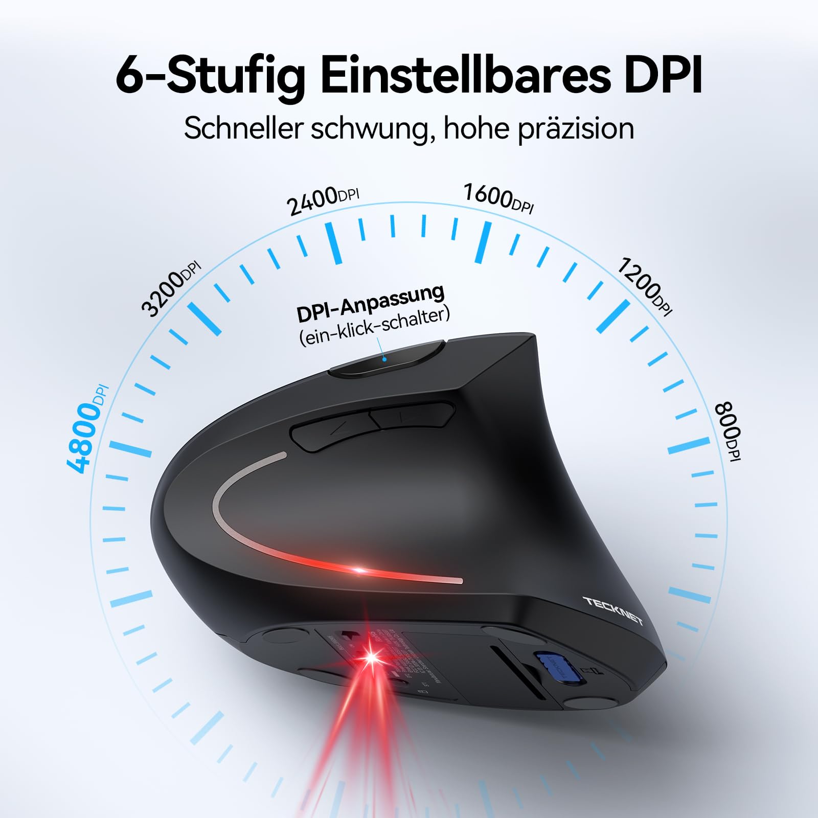 TECKNET Ergonomische Maus, Kabellose Bluetooth Vertikale Maus(BT 5.0+BT 3.0+2.4G), 6 Einstellstufen bis 4800 DPI, Optisch Leise Wireless Mouse für Laptop/PC/Mac/Tablet/iPad(Win/Android/iOS), 6 Tasten 4