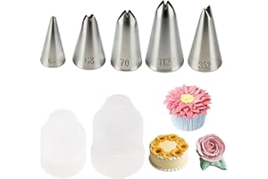 6 Pcs Flower Piping Tips Set with Coupler Petal & Rose Piping Tips 102, 103, 104, 124, 127, for Cake Decorating, Floral Desig