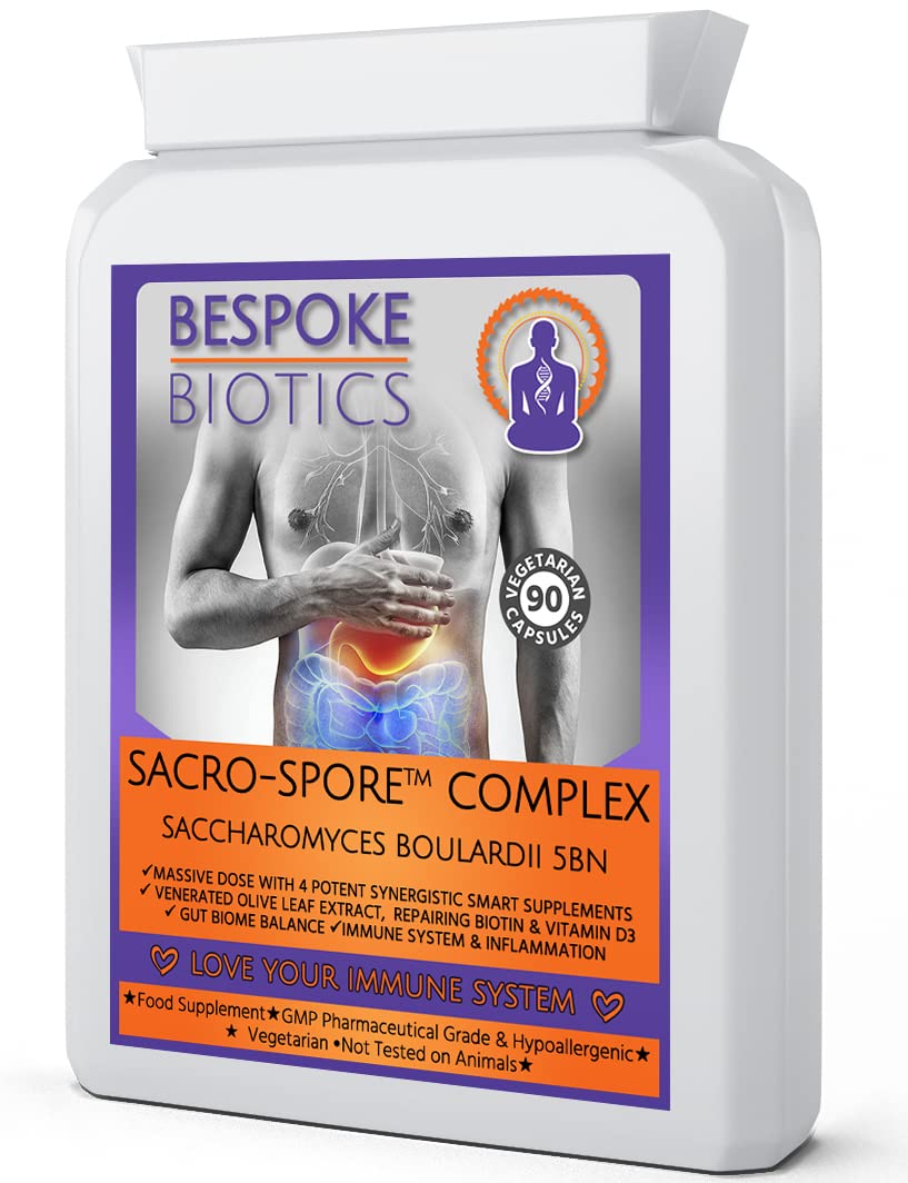 Saccharomyces Boulardii | Sacro-Spore |Safe Protecting Colonising Spore Yeast | Digestive Biome Supplment Leaky Gut| Acne| Candida|UTI| Powerful 5 Billion cfu Vitamin B7+Olive Leaf | UK Made 90 Caps'