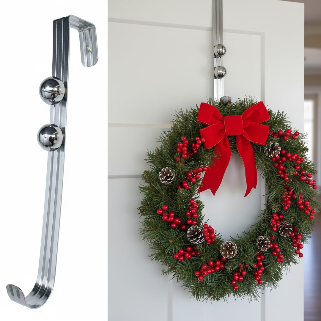 Eyesome Door Hooks Wreath Hanger with Jingle Bells for Front Door Silver Strong Metal, Christmas Door Wreath Hanger, Suitable for Christmas Halloween Easter Decorations