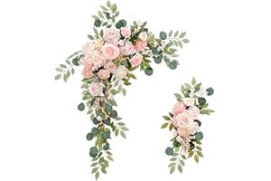 TITA-DONG Artificial Wedding Arch Flowers Kit, 2 Pcs Garlands Silk Peony Flower Swag, Rustic Artificial Eucalyptus Greenery Floral Swag, Artificial Floral Garland Wreath for Wedding Ceremony Party Home(Pink)