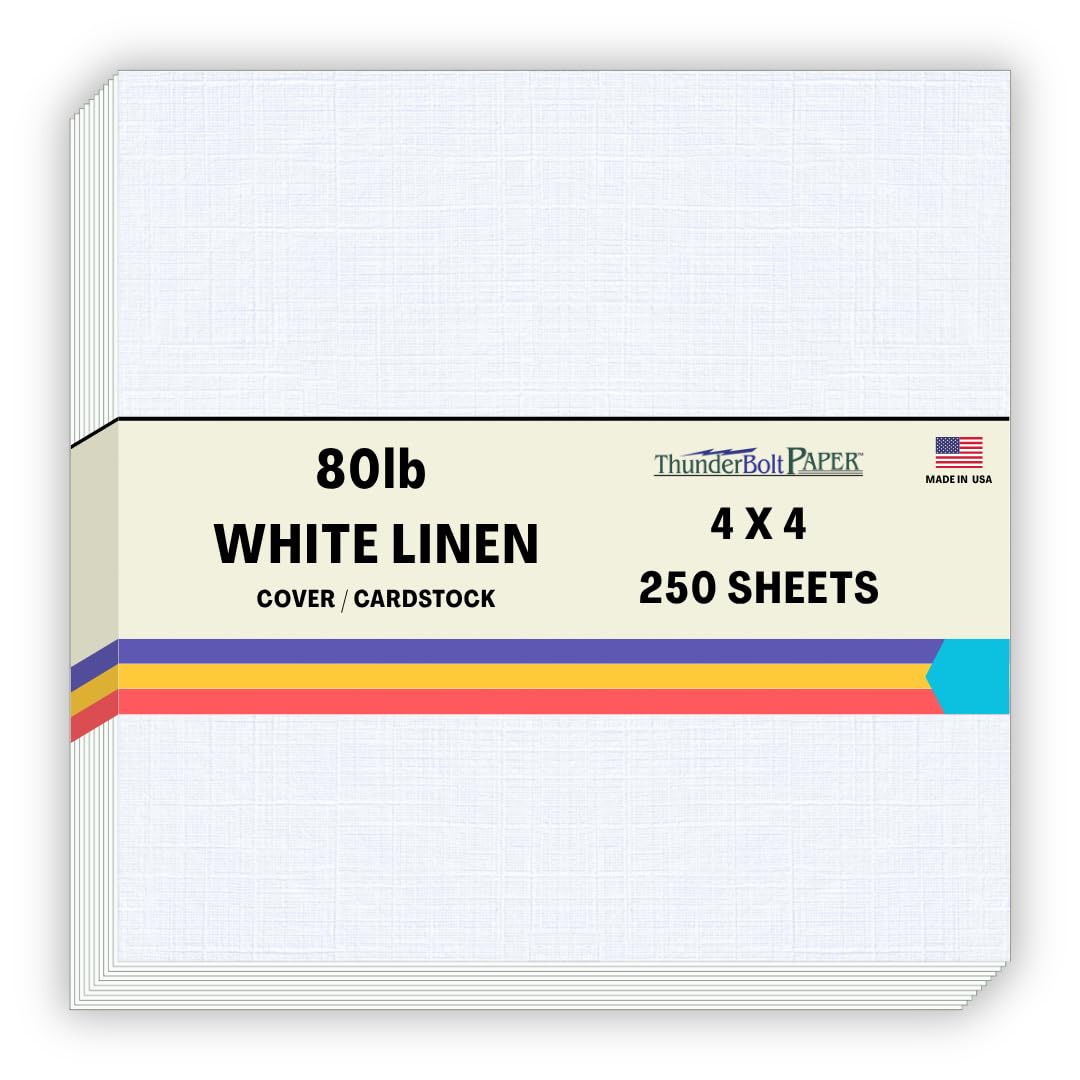 250 Bright White Linen 80# Cover Paper Sheets - 4" X 4" (4X4 Inches) Small Square Card Size - 80 lb/Pound Card Weight - Fine Linen Textured Finish - Quality Cardstock