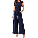 BTFBM Jumpsuits For Women 2026 Crew Neck Dressy Cap Sleeve Belted High Waist Wide Leg Romper One Piece Casual Outfits Pockets