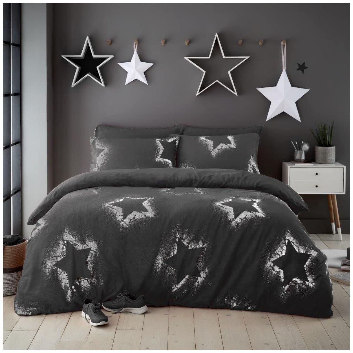 GC GAVENO CAVAILIA Luxury Teddy Sparkling Stars Duvet Set, Premium Cuddly Warm Fluffy Fur Fleece Quilt Bed Cover Set, Single, Charcoal