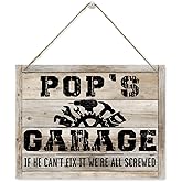 Pop's Garage Sign, Rustic Wooden Hanging Plaque Sign, Wall Decoration for Garage, Tool Room Decor, Garage Hanging Decor, Father's Day Gift for Pop, If He Can't Fix It We're All Screwed Sign