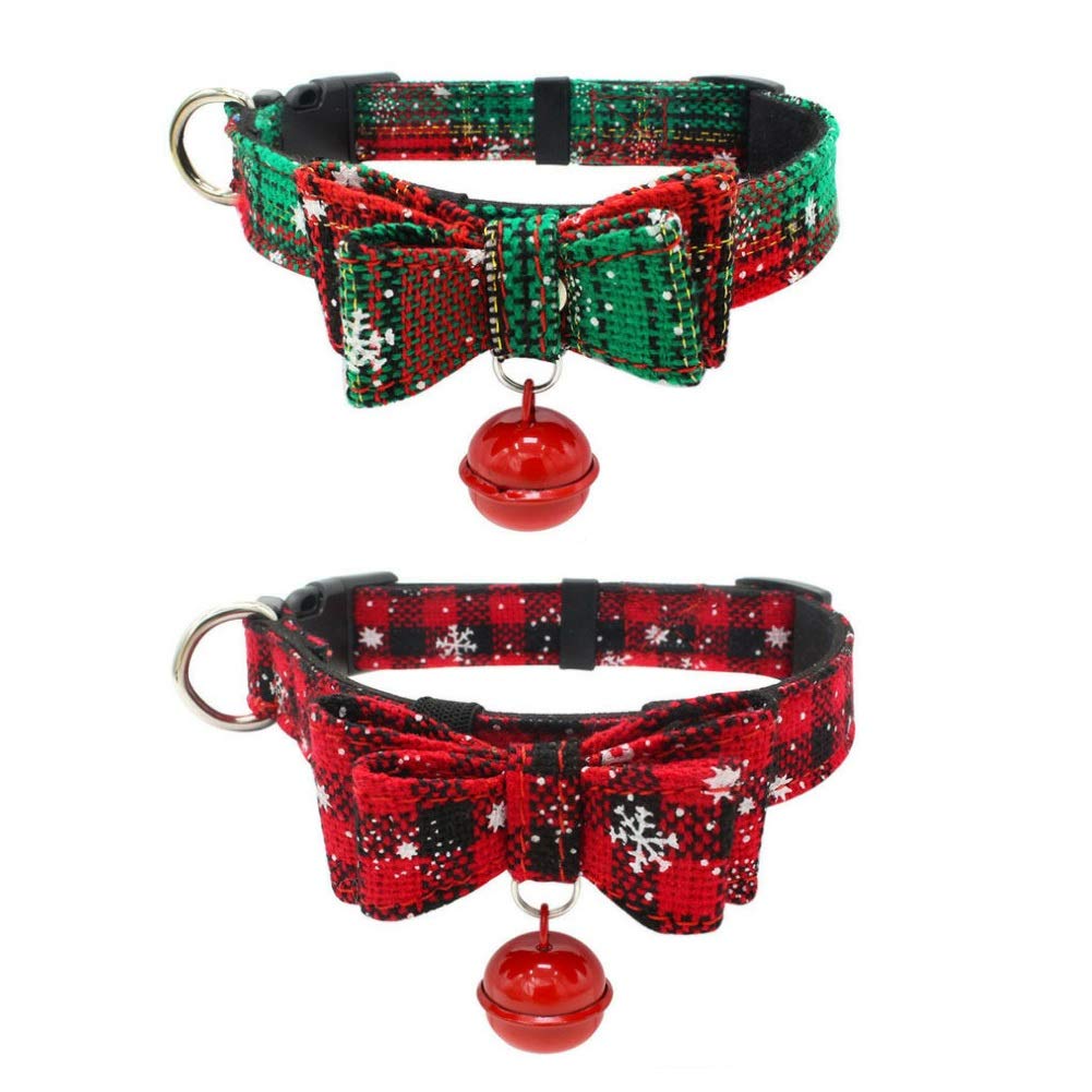 Stock Show 2Packs Christmas Cat Bowtie Collars with Cute Bell Cat Plaid Breakaway Collar with Beautiful Snowflakes Printed Pet Xmas Collar Costume Dressup Gift for Small Dog Puppy Cat, Red&Green