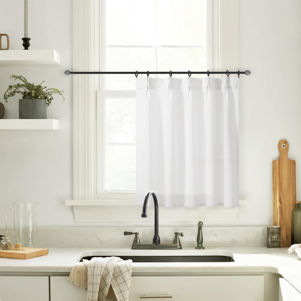 Photo 1 of White Modern Farmhouse Style Boho Pinch Pleat Linen Sheer Tier Short Curtains for Small Window 30x24 Inches Long Kitchen Window Cafe Curtains Over Sink