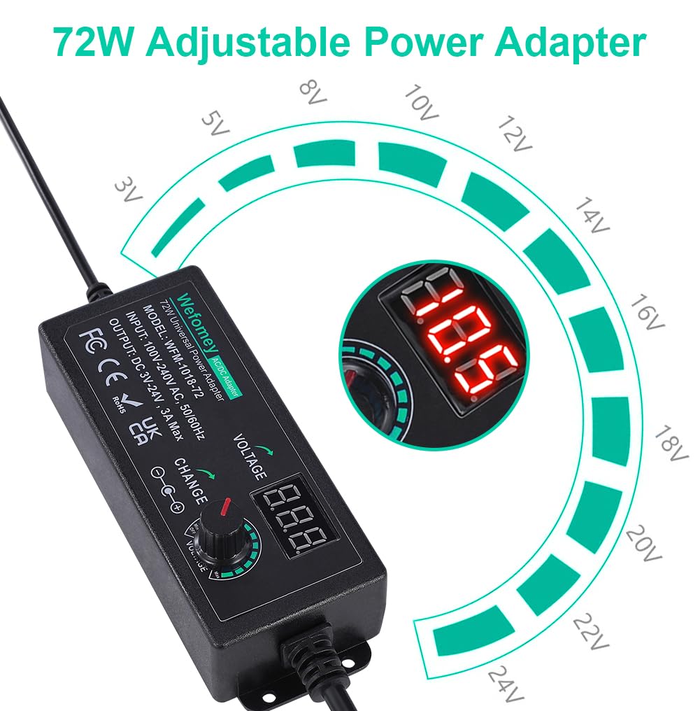 Universal Power Supply 3V~24V 3A 72W Adjustable Variable AC/DC Adapter Charger, 100V-240V AC to DC Converter with LED Voltage Display & 14 Tips & Polarity Converter & Test Lead
