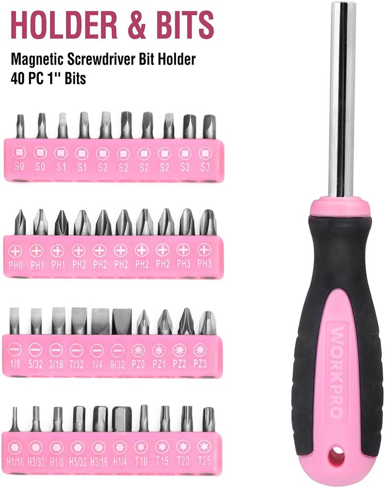 WORKPRO 103-Piece Pink Tool Kit - Ladies Hand Tool Set with Easy Carrying Round Pouch - Durable, Long Lasting Chrome Finish Tools - Perfect for DIY, Home Maintenance - Pink Ribbon - - 
