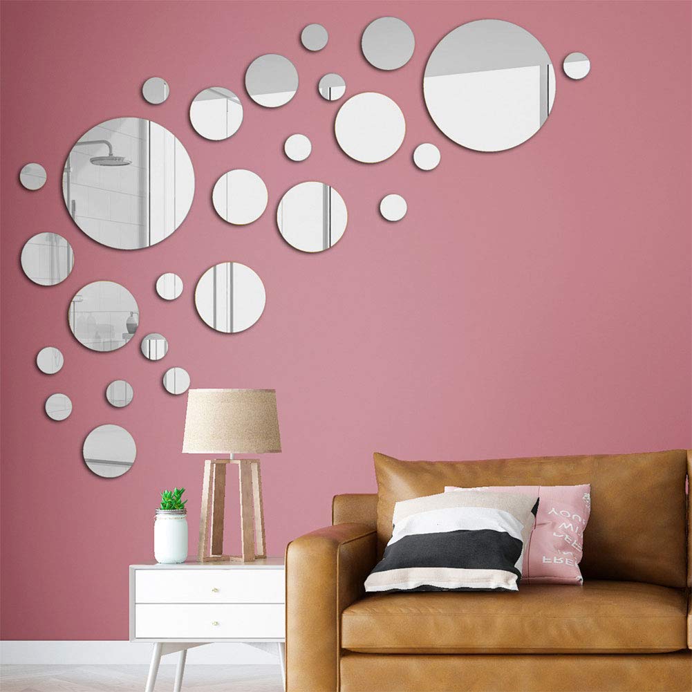 Horolas Removable Acrylic Setting Wall Sticker, 26 Pieces Circle Mirror Wall Art Stickers 3D Acrylic Wall Mirror Tiles Stickers for Home Living Room Decoration